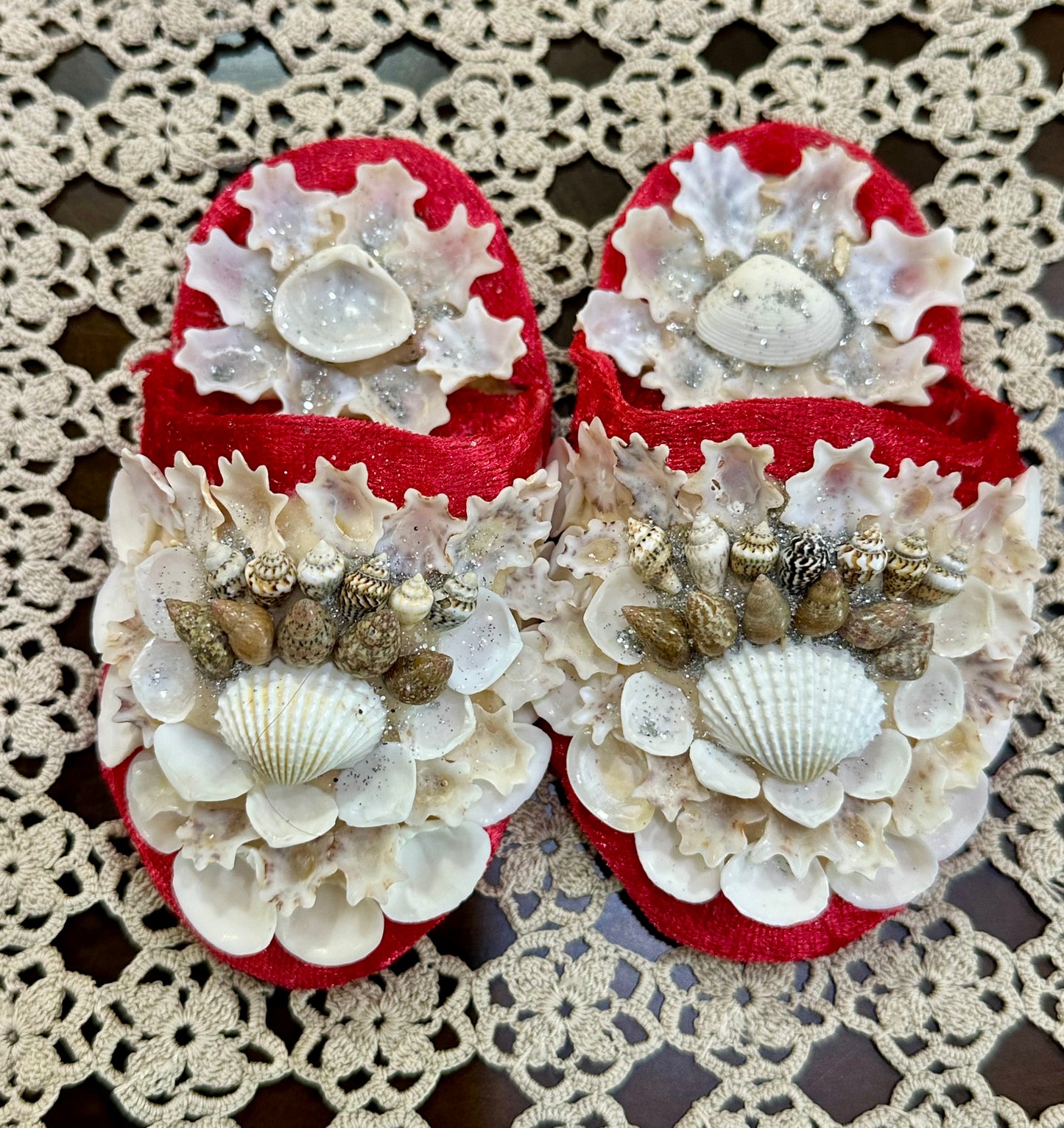 Aunty Marilyn Russell, Shellwork slippers (red)