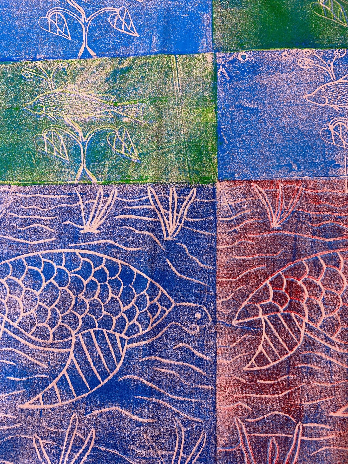 Lucielle Ikara, Makéddja (Turtle) and Birlmu ( Fish), Lino print fabric