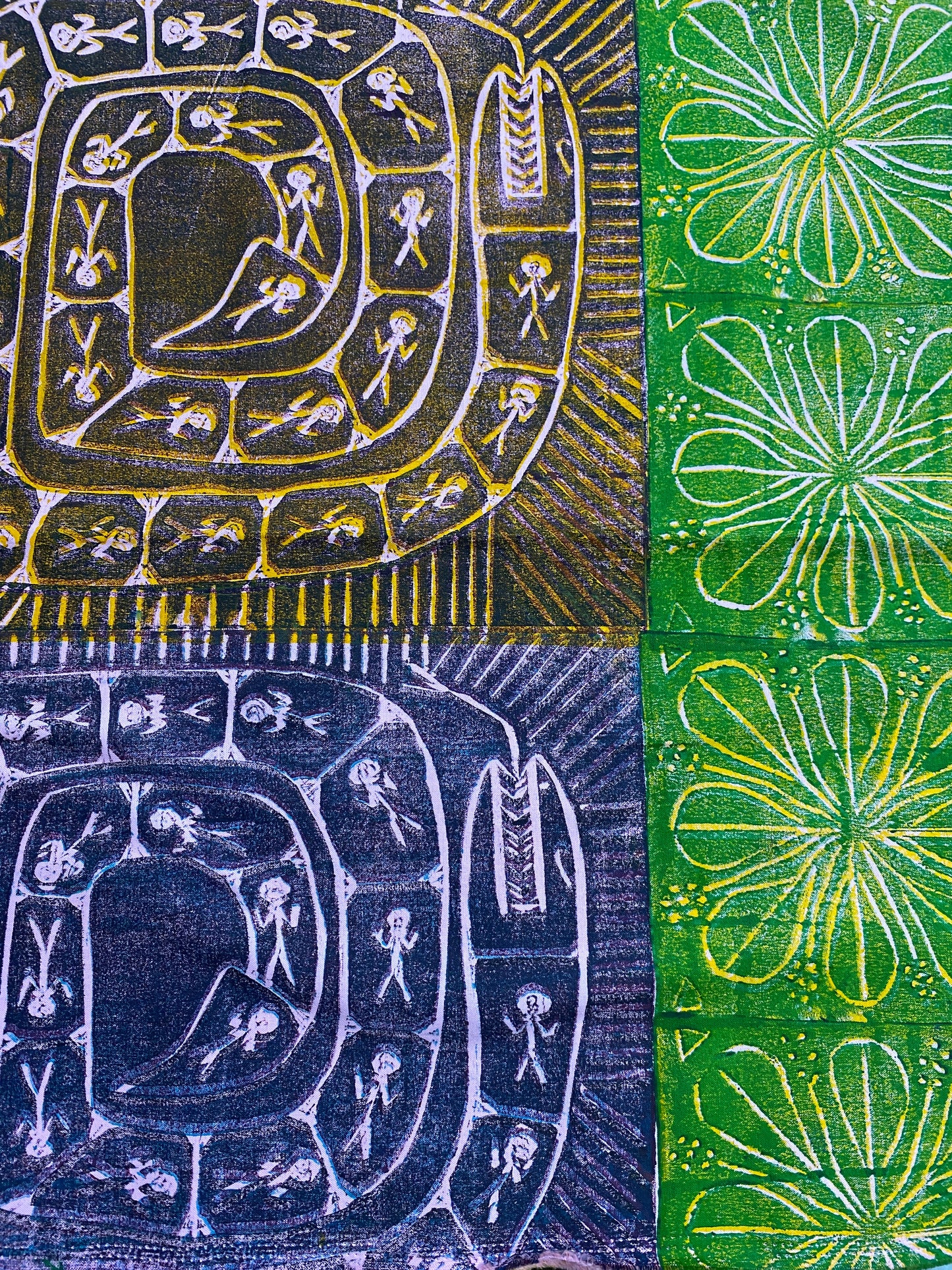Verity Bangarra, Rainbow Serpent and Bawaliba (stone country spirits), Lino print fabric
