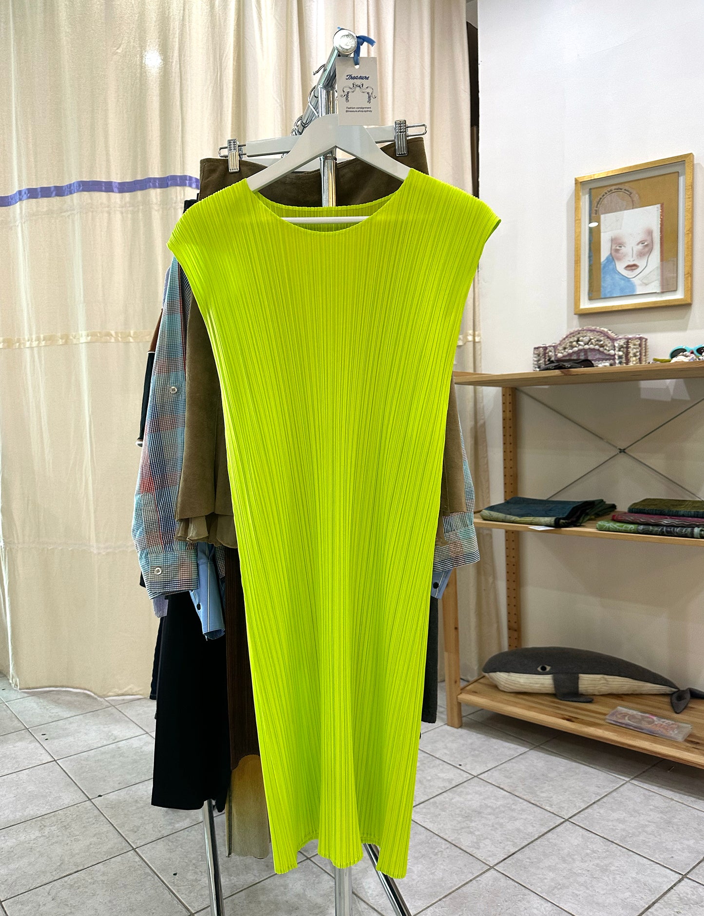Treasure, Pleats Please lime green dress