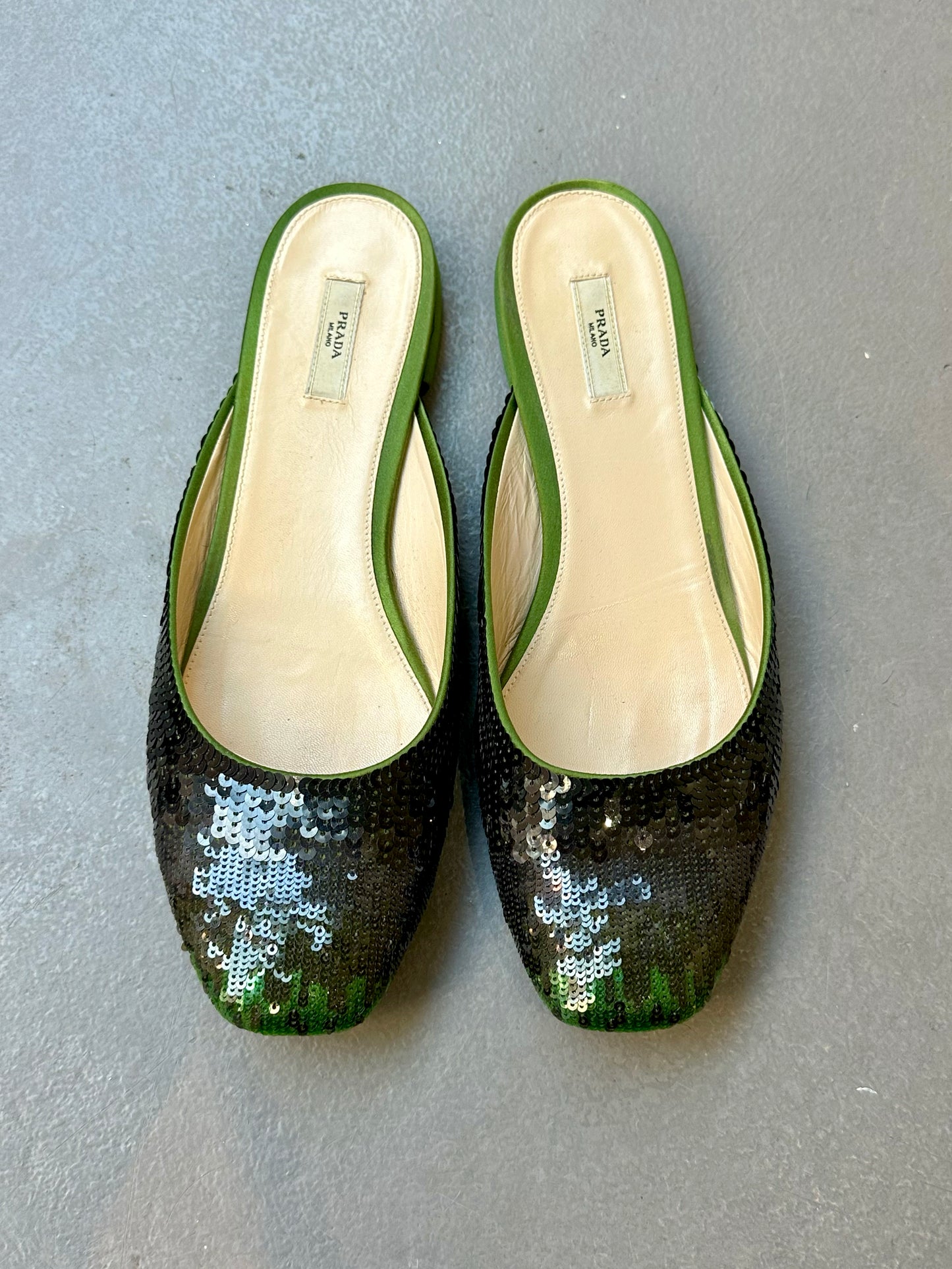 Mindy, Prada green sequin mules