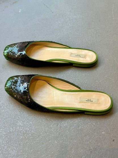 Mindy, Prada green sequin mules