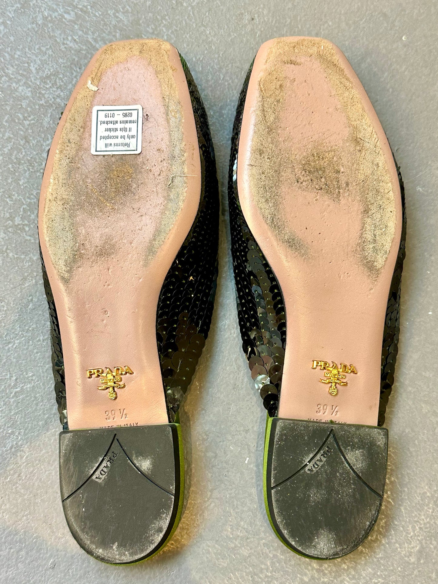 Mindy, Prada green sequin mules