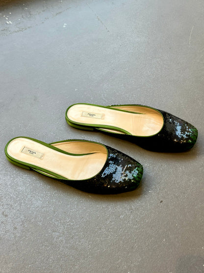 Mindy, Prada green sequin mules