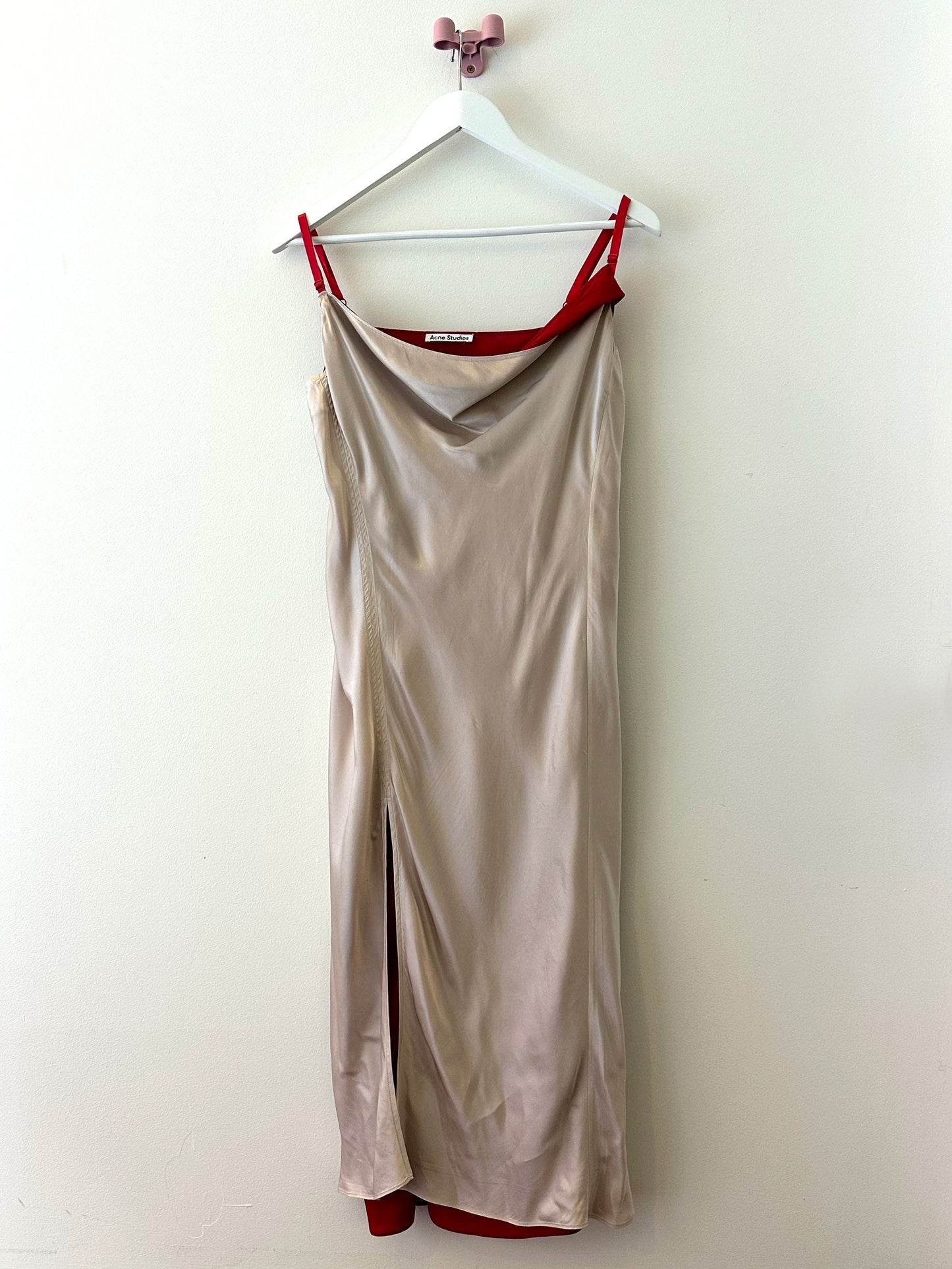 Catherine, Acne silver and red silk dress