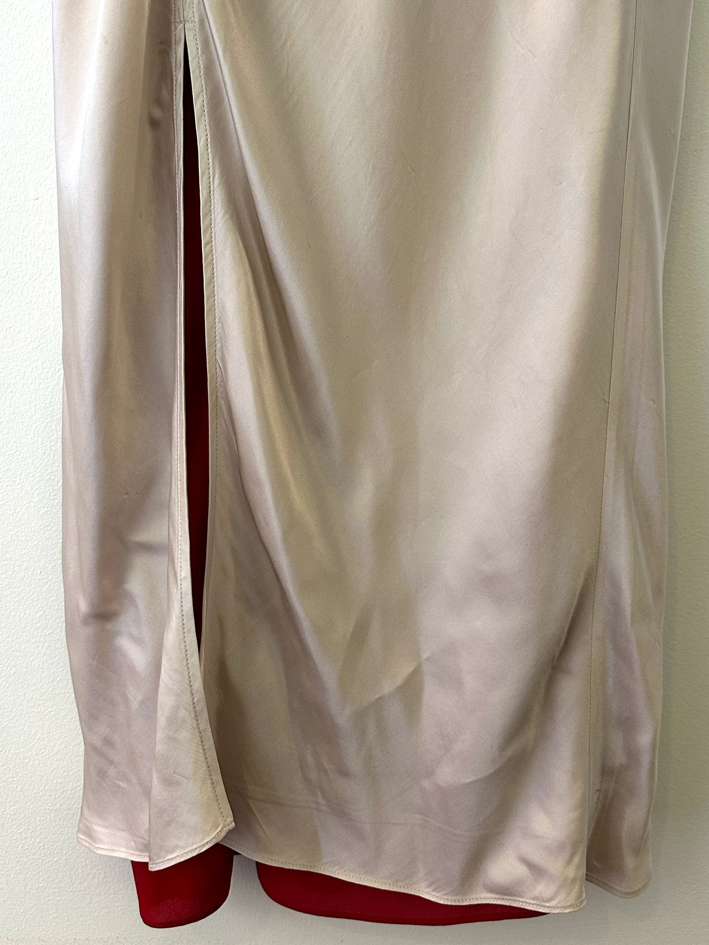Catherine, Acne silver and red silk dress