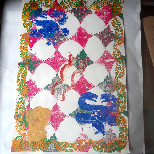 Mackenzie Benato, Snakes and ladders, Hand carved sandstone stamps with gouache and acrylic on paper Large